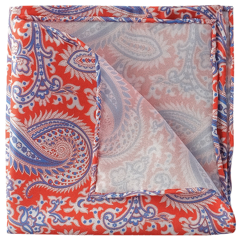 Paisley Handrolled Silk Pocket Square - Orange / Light Blue - Brunati Como
