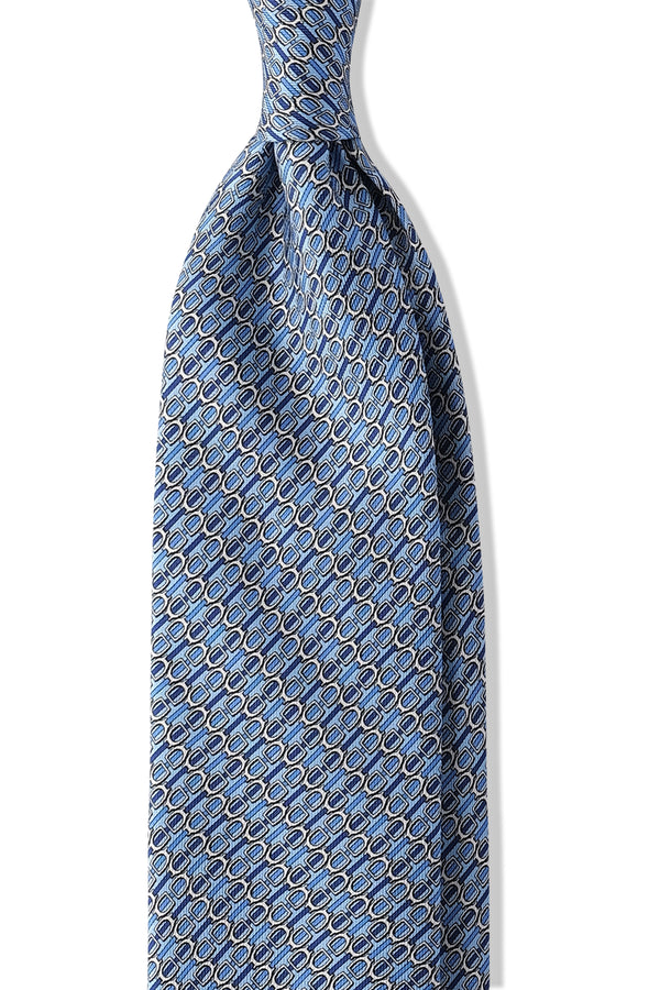 3-Fold Horsebit Printed Silk Tie - Light Blue/Blue/Silver - Brunati Como