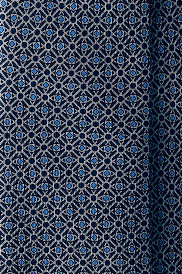 3-Fold Rosetta Pattern Printed Silk Tie - Dark Navy/Silver/Royal Blue - Brunati Como