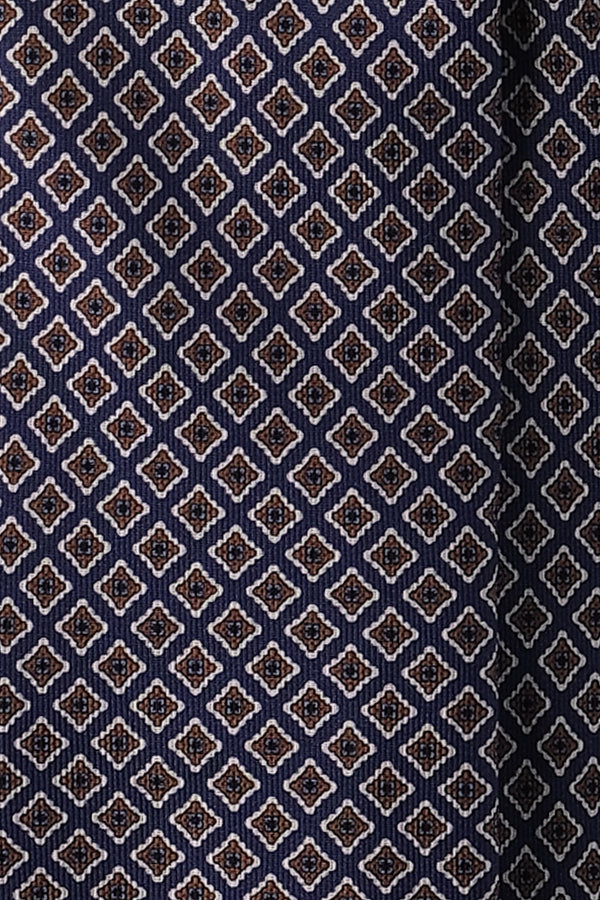 3-Fold Ornamental Pattern Printed Silk Tie - Navy/Off-White/Mustard/Royal Blue - Brunati Como