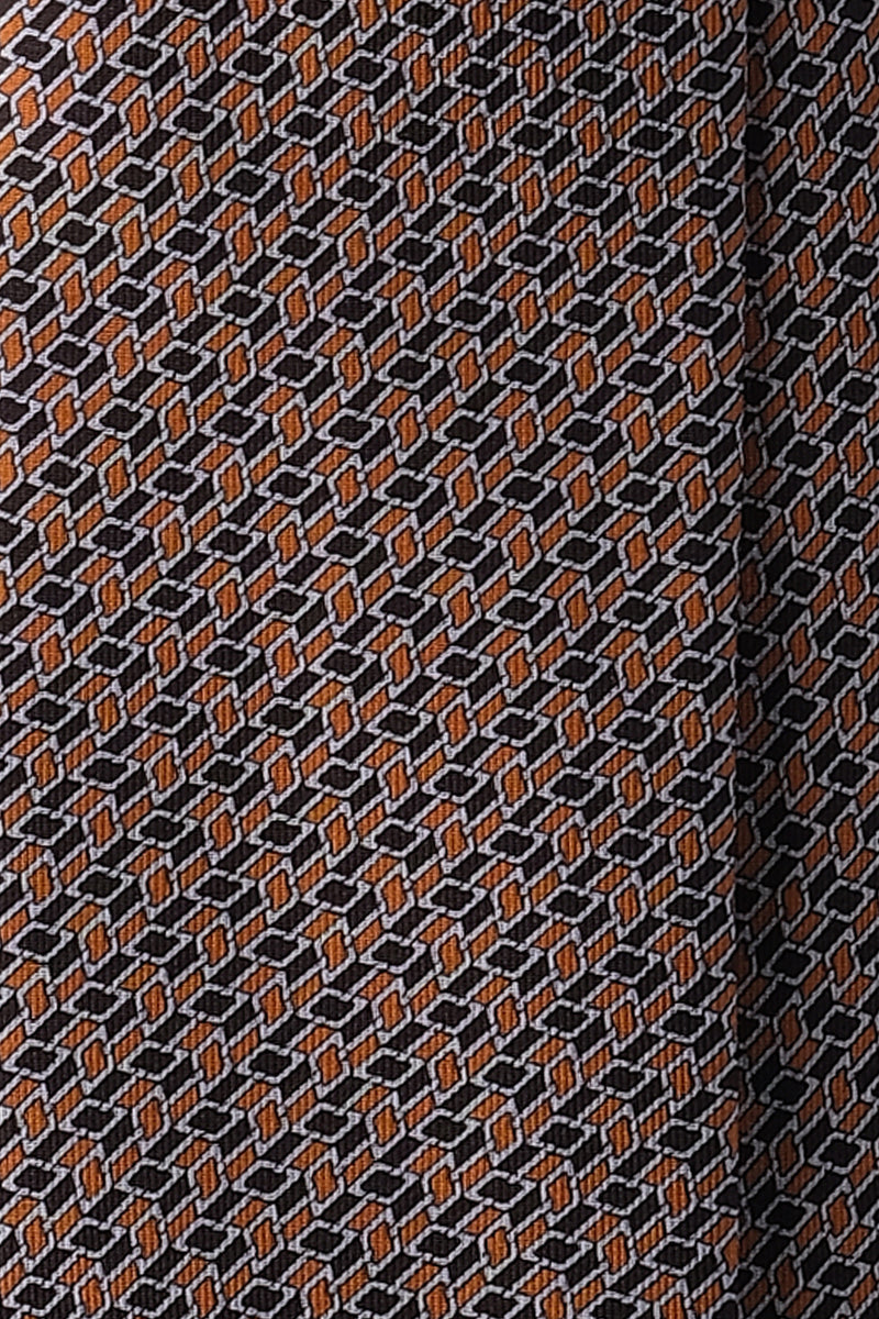 3-Fold Mosaic Pattern Printed Silk Tie - Black/Orange/Off-White - Brunati Como