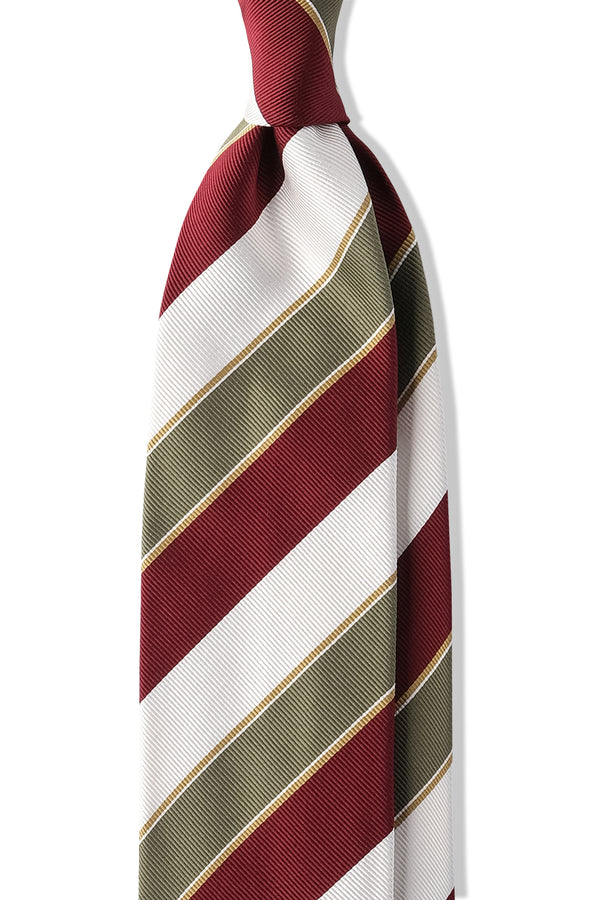 3-Fold Regimental Repp Silk Tie - Red / White / Olive / Gold - Brunati Como