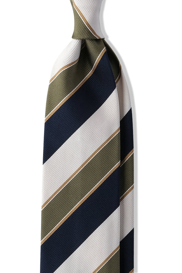 3-Fold Regimental Repp Silk Tie - Navy / White / Olive / Gold - Brunati Como