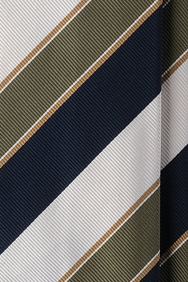 3-Fold Regimental Repp Silk Tie - Navy / White / Olive / Gold - Brunati Como