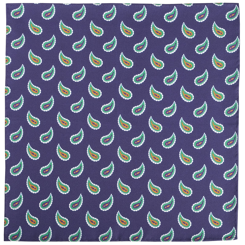 Handrolled Paisley Silk Pocket Square - Navy/Green/Off-White/Purple/Orange - Brunati Como