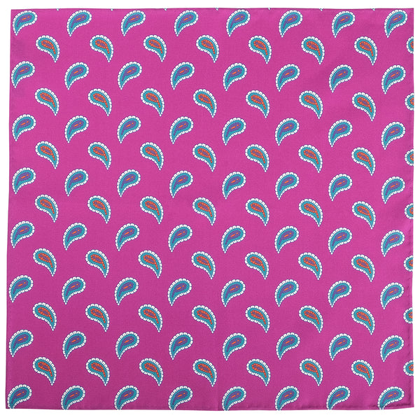 Handrolled Paisley Silk Pocket Square - Pink/Turquoise/Off-White/Purple/Orange - Brunati Como