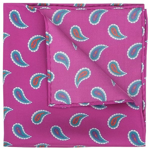 Handrolled Paisley Silk Pocket Square - Pink/Turquoise/Off-White/Purple/Orange - Brunati Como