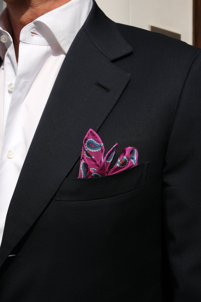 Handrolled Paisley Silk Pocket Square - Pink/Turquoise/Off-White/Purple/Orange - Brunati Como