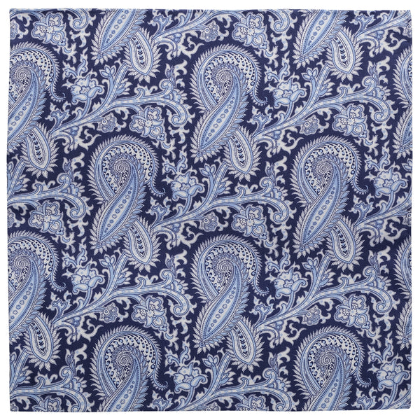 Paisley Handrolled Silk Pocket Square - Navy / Light Blue - Brunati Como