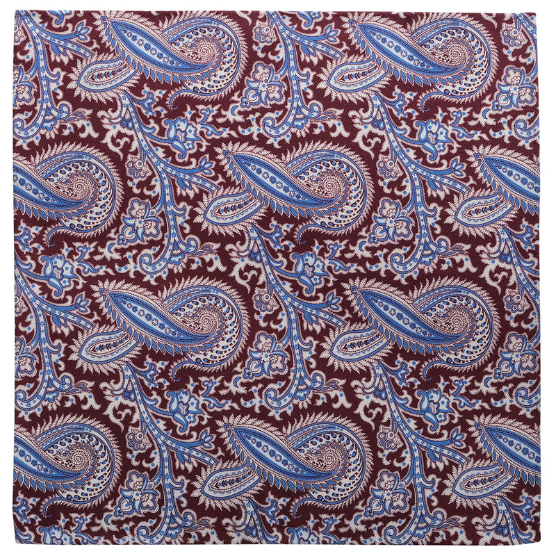 Paisley Handrolled Silk Pocket Square - Burgundy / Light Blue - Brunati Como
