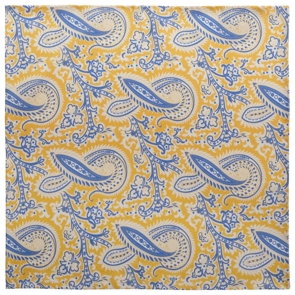 Paisley Handrolled Silk Pocket Square - Yellow / Light Blue - Brunati Como