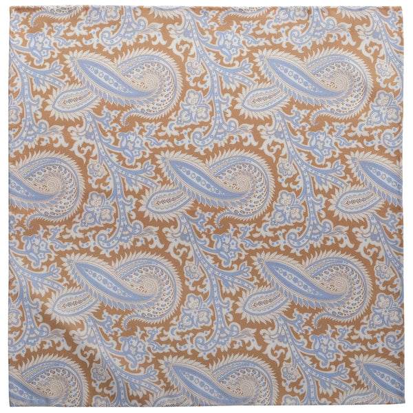 Paisley Handrolled Silk Pocket Square - Beige / Light Blue - Brunati Como