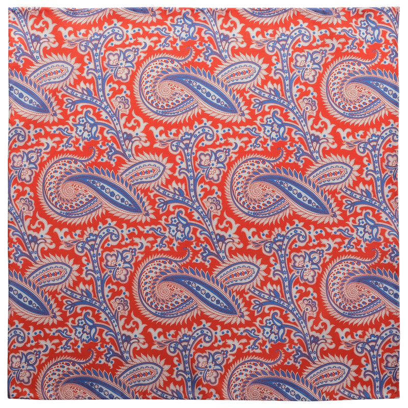 Paisley Handrolled Silk Pocket Square - Orange / Light Blue - Brunati Como