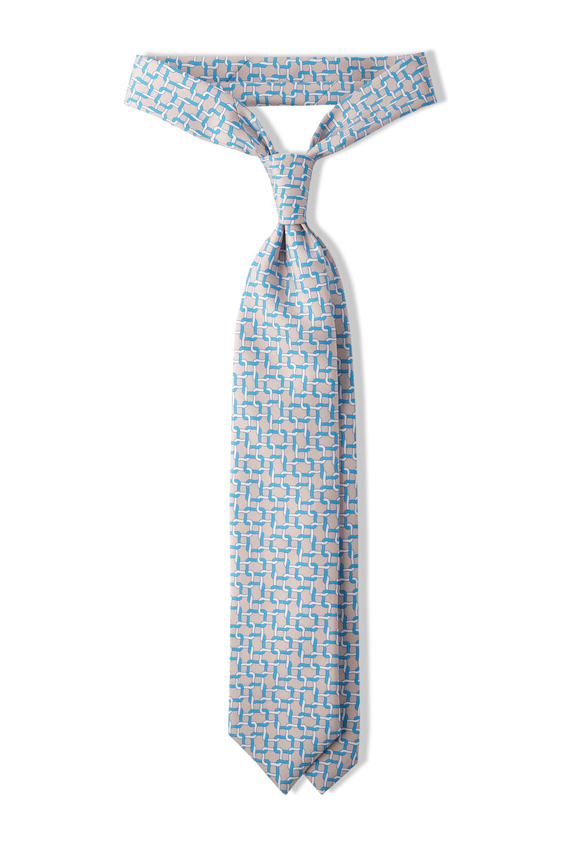 3-Fold Interlocking Chains Printed Silk Tie - Beige/Turquoise/Offwhite - Brunati Como