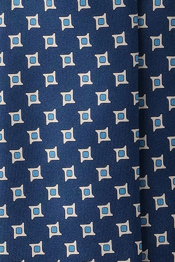 3-Fold Cube Patterned Printed Silk Tie - Navy/Beige/Light Blue - Brunati Como