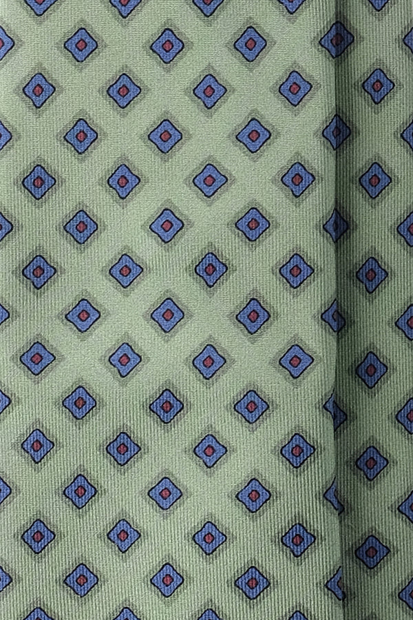 3-Fold Cube Patterned Printed Silk Tie - Light Green/Blue/Orange - Brunati Como