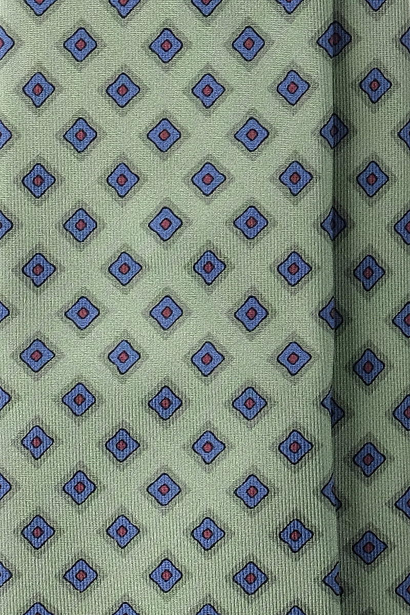 3-Fold Cube Patterned Printed Silk Tie - Light Green/Blue/Orange - Brunati Como