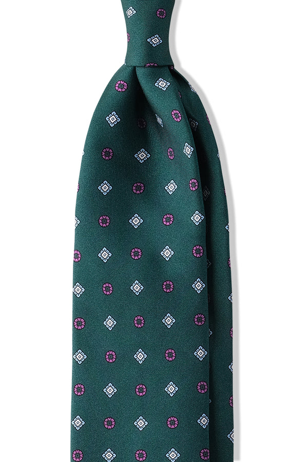 3-Fold Floral Printed Silk Tie - Forest Green/Pink/Light Blu/White - Brunati Como