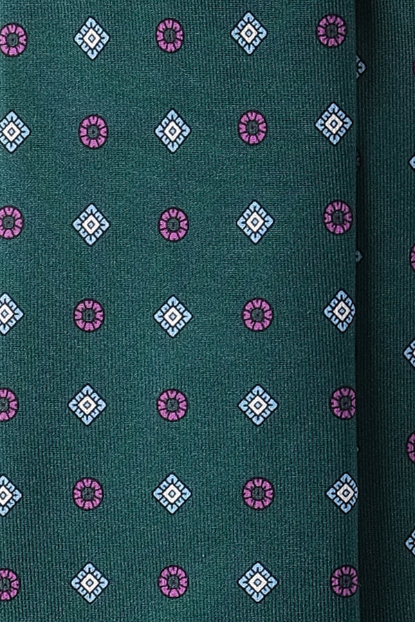 3-Fold Floral Printed Silk Tie - Forest Green/Pink/Light Blu/White - Brunati Como