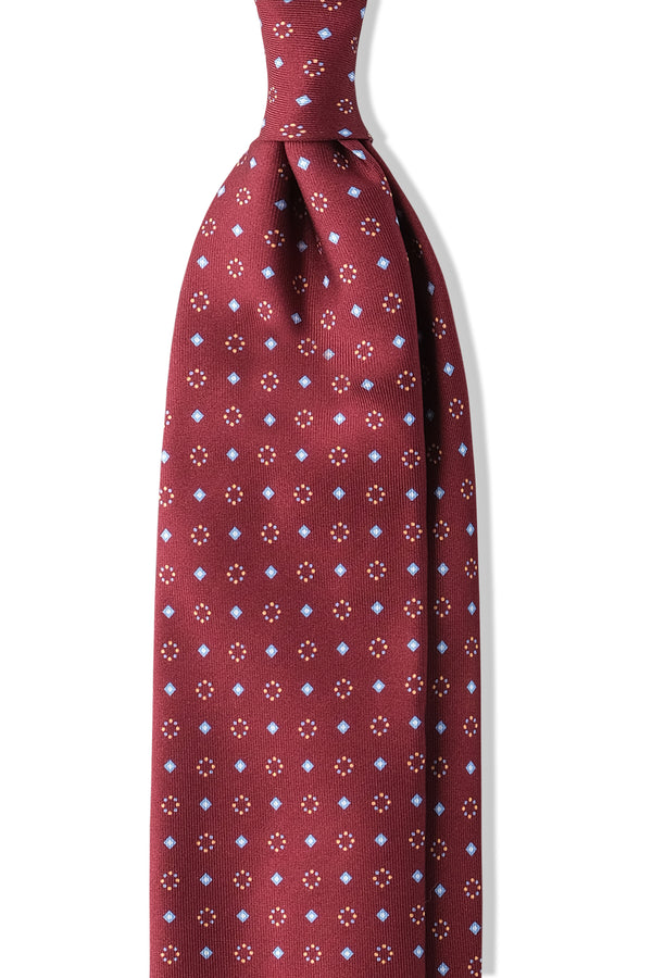 3-Fold Diamonds and Circles Patterned Printed Silk Tie - Red/Light Blue/Orange - Brunati Como