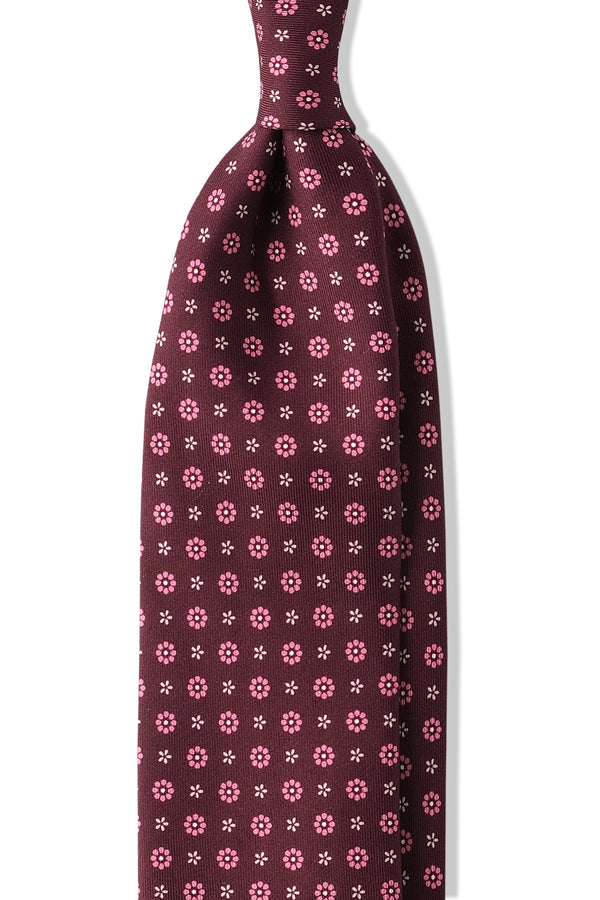 3-Fold Floral Printed Silk Tie - Burgundy/Pink/Rose - Brunati Como