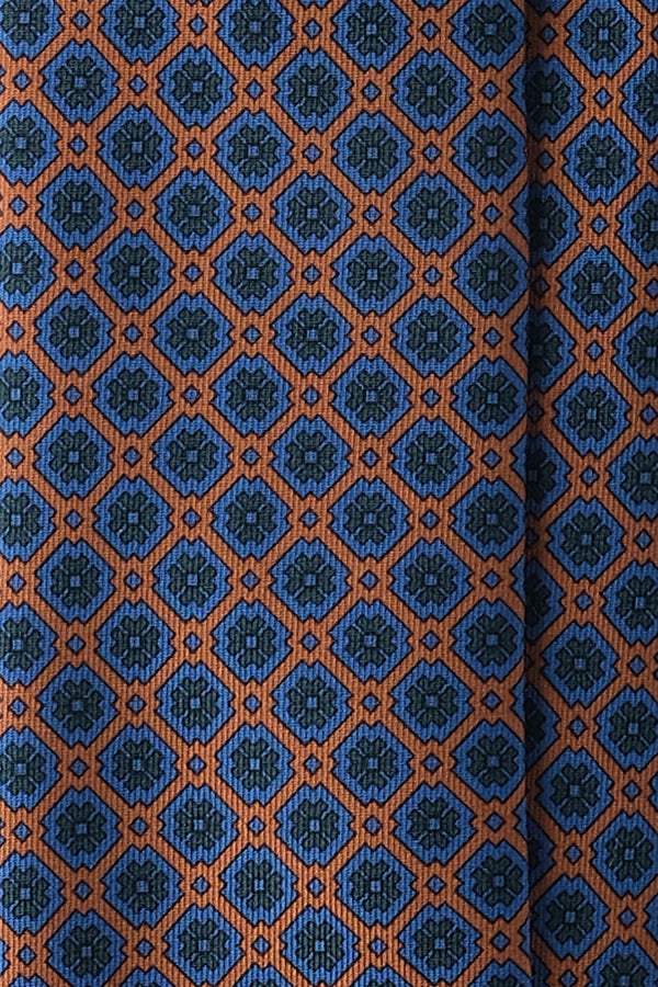 3-Fold Floral Ancient Madder Silk Tie - Orange/Blue/Forest - Brunati Como