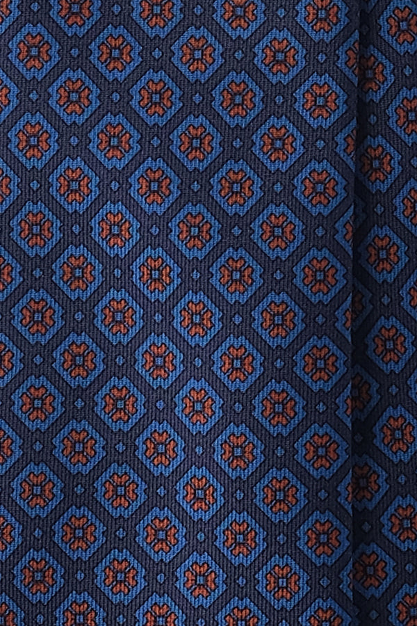 3-Fold Floral Ancient Madder Silk Tie - Navy/Blue/Orange - Brunati Como