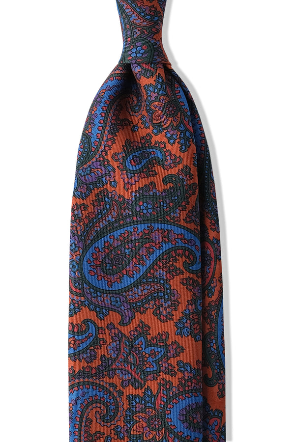 3-Fold Paisley Ancient Madder Silk Tie - Orange/Blue/Forest - Brunati Como