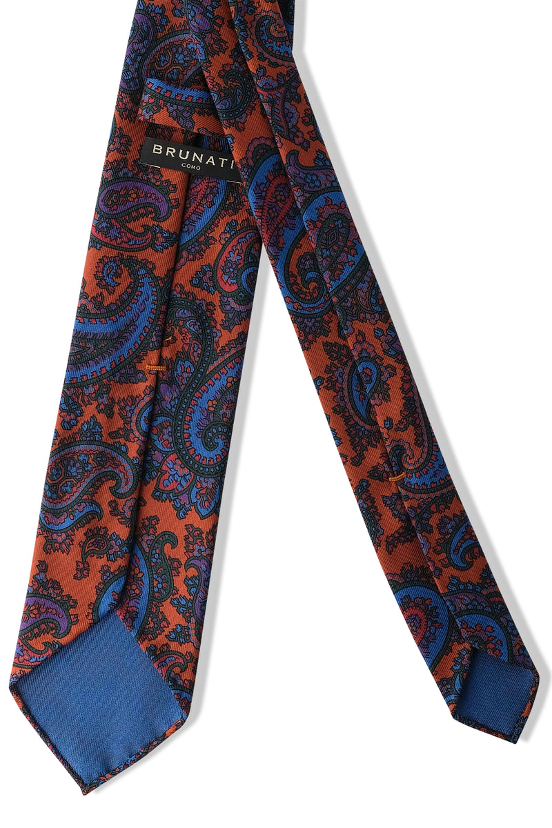 3-Fold Paisley Ancient Madder Silk Tie - Orange/Blue/Forest - Brunati Como