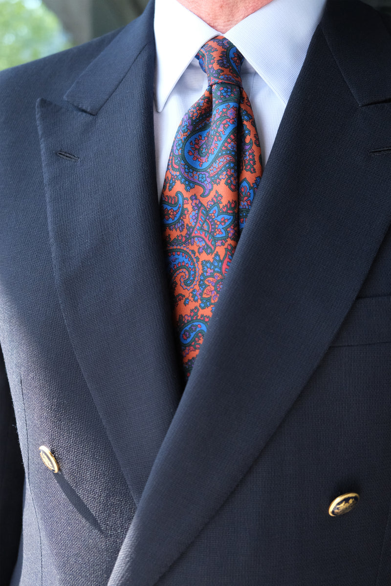 3-Fold Paisley Ancient Madder Silk Tie - Orange/Blue/Forest - Brunati Como