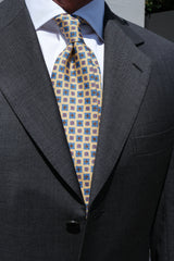3- Fold Untipped Floral Silk Tie - Cream Yellow / Light Blue - Brunati Como