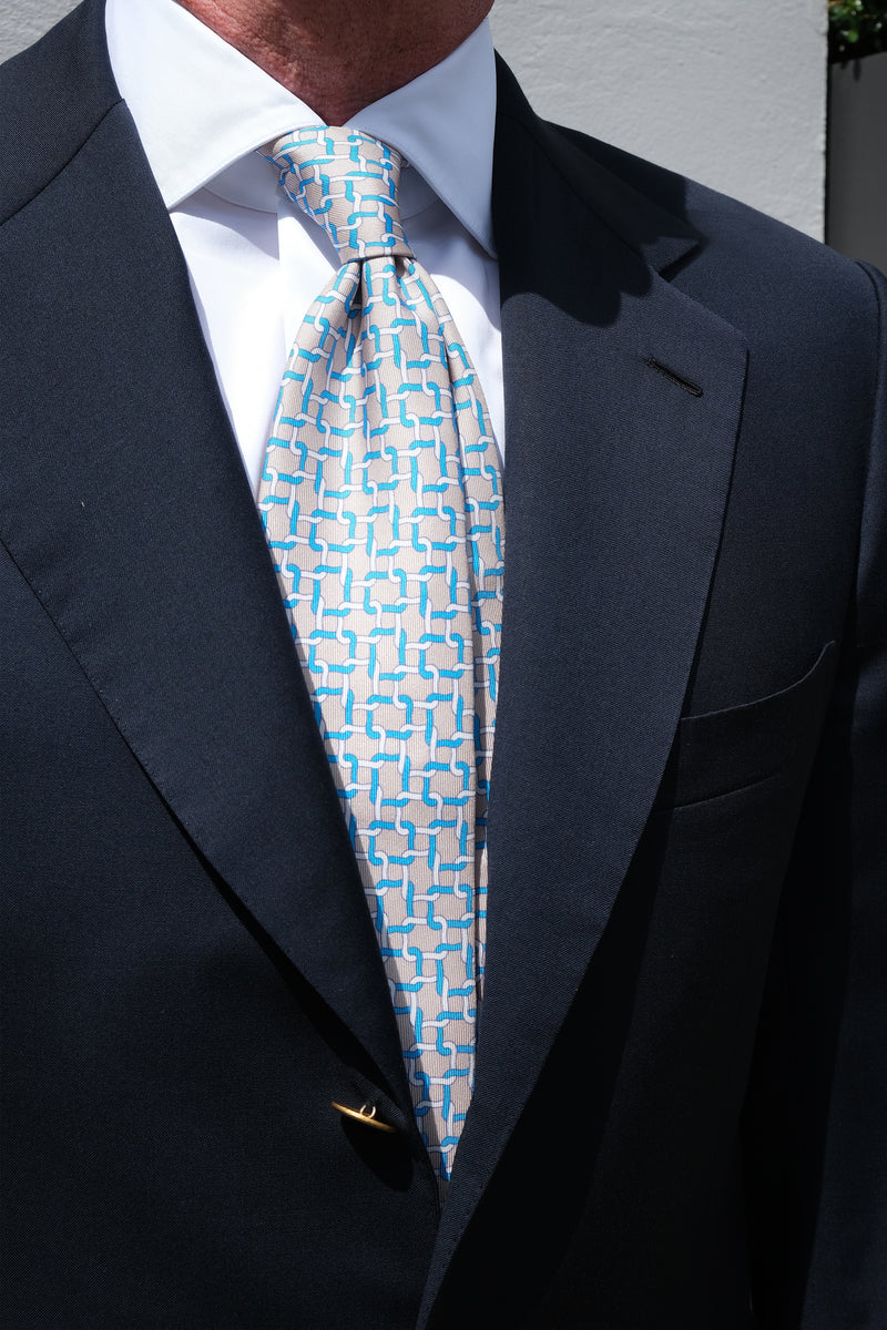 3-Fold Interlocking Chains Printed Silk Tie - Beige/Turquoise/Offwhite - Brunati Como
