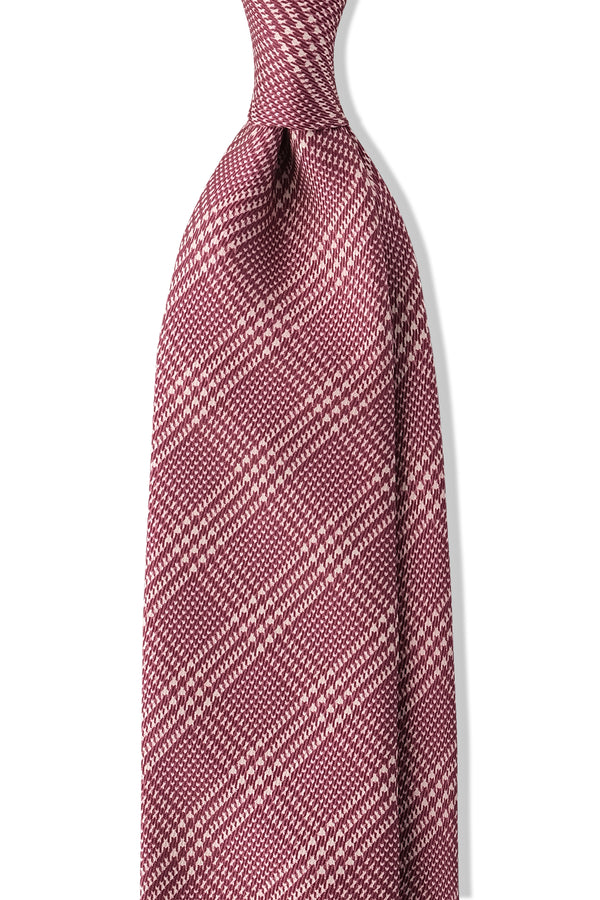 3- Fold Untipped Prince of Wales 40oz Silk Tie - Burgundy/Cream - Brunati Como