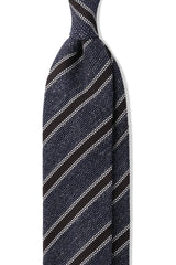 Handrolled Striped Silk Grenadine Jacquard Tie - Blue Melange / Brown /  Silver White - Brunati Como