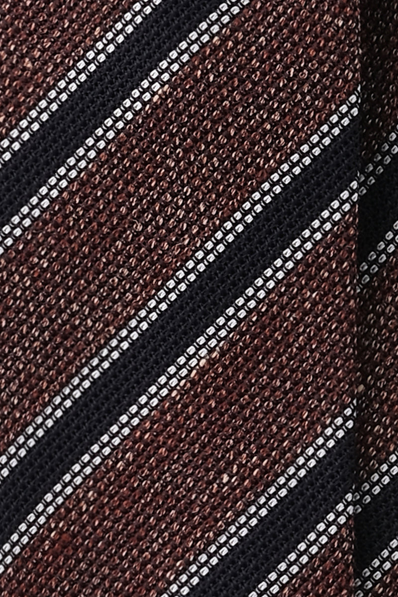 Handrolled Striped Silk Grenadine Jacquard Tie - Orange Melange / Navy / Silver White - Brunati Como