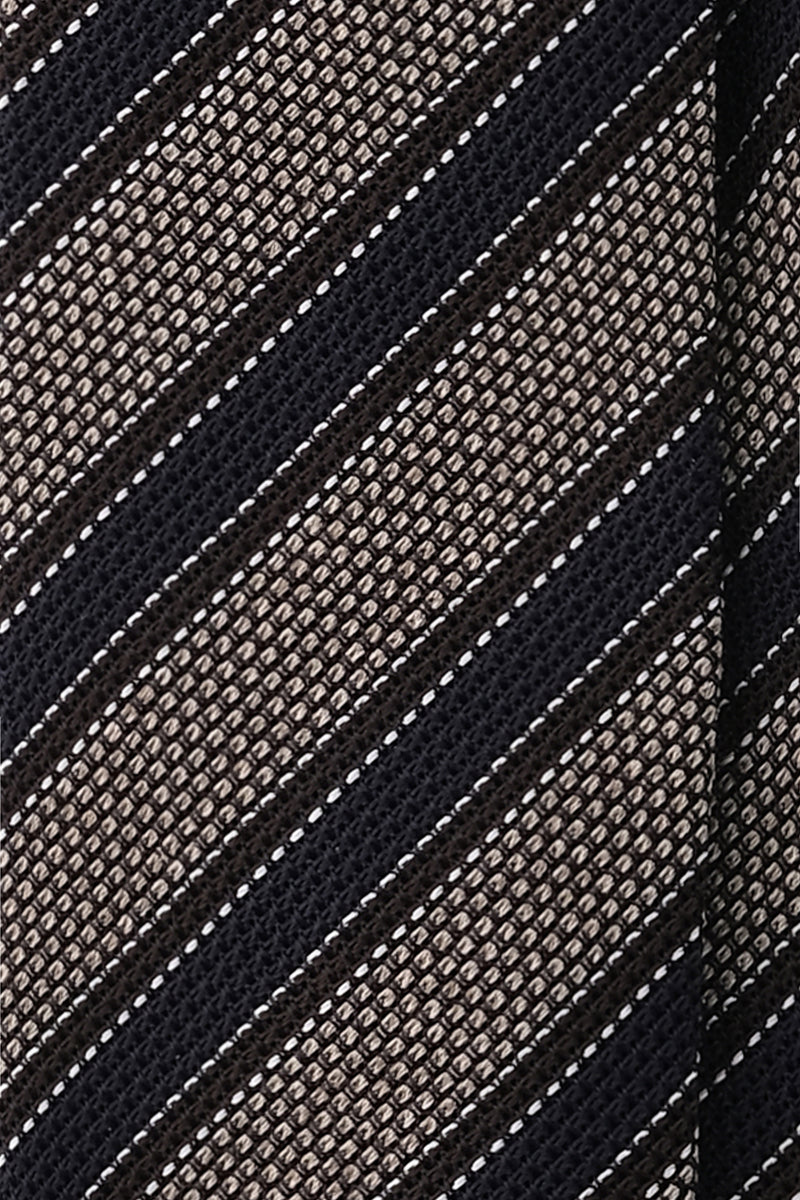 Handrolled Striped Silk Grenadine Jacquard Tie - Beige Melange / Navy / Brown - Brunati Como