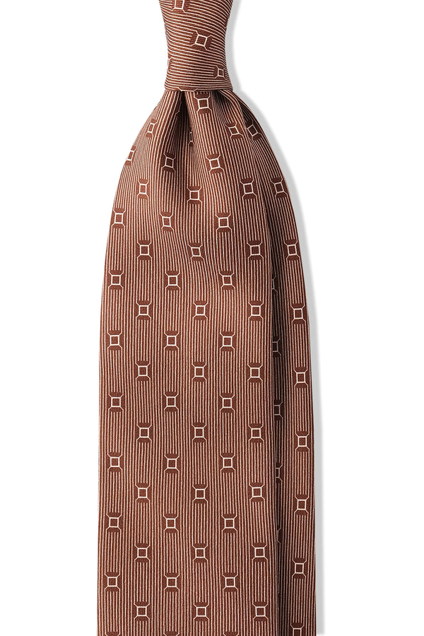 3-Fold Signature Cube Patterned Printed Silk Tie - Bronze-Burgundy - Brunati Como