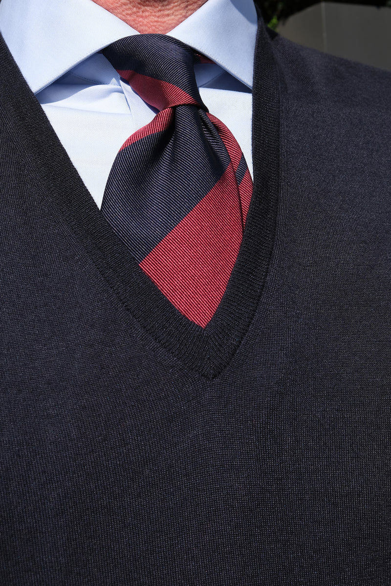 3-Fold Striped Silk Jacquard Repp Tie - Navy/Red - Brunati Como