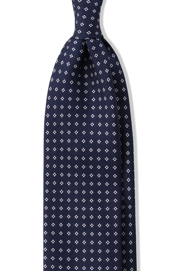 3-Fold Floral Patterned Printed Silk Tie - Navy/White - Brunati Como