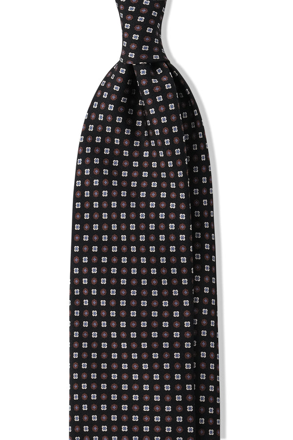 3-Fold Floral Patterned Printed Silk Tie - Black/Brown/Beige/Light Blue - Brunati Como