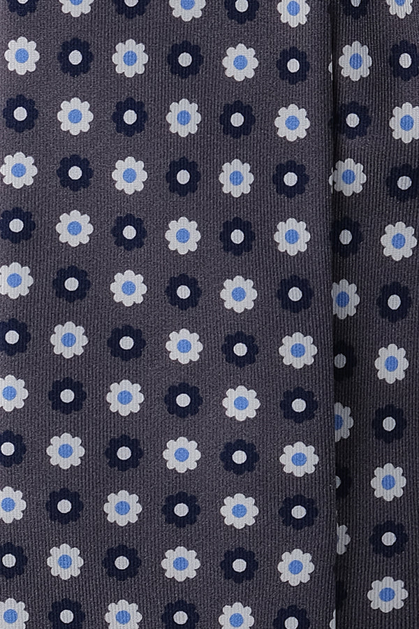 3-Fold Floral Patterned Printed Silk Tie - Grey/Navy/Beige/Light Blue - Brunati Como