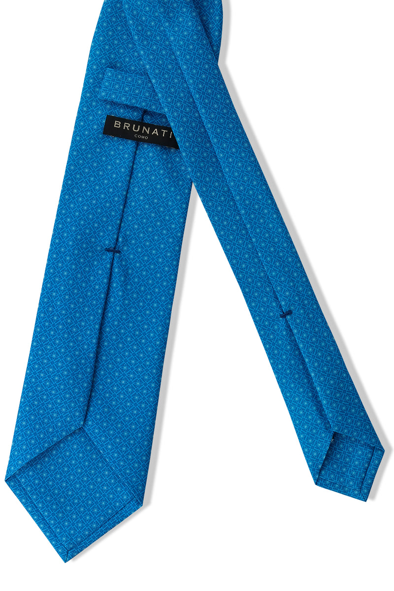 3-Fold Rosetta Pattern Printed Silk Tie - Azure Blue - Brunati Como
