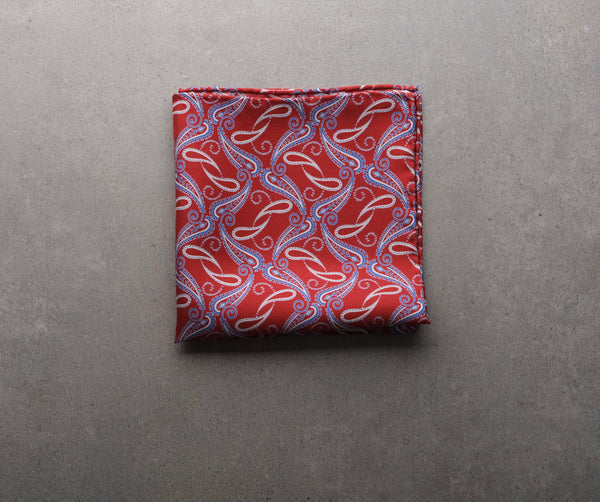 Handrolled Paisley Pocket Square - Red/Light Blue/White - Brunati Como