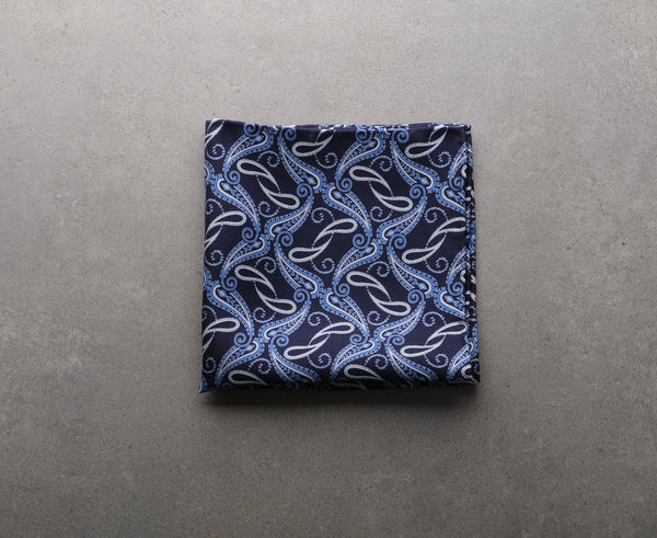 Handrolled Paisley Pocket Square - Navy/Light Blue/White - Brunati Como