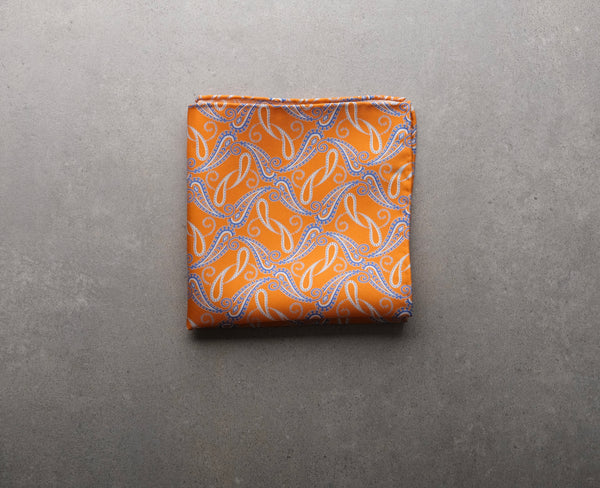 Handrolled Paisley Pocket Square - Orange/Light Blue/White - Brunati Como