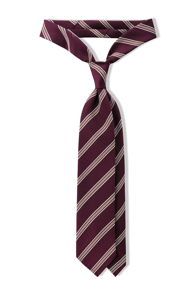 3-Fold Regimental Repp Silk Tie - Burgundy/Off White/Mustard - Brunati Como