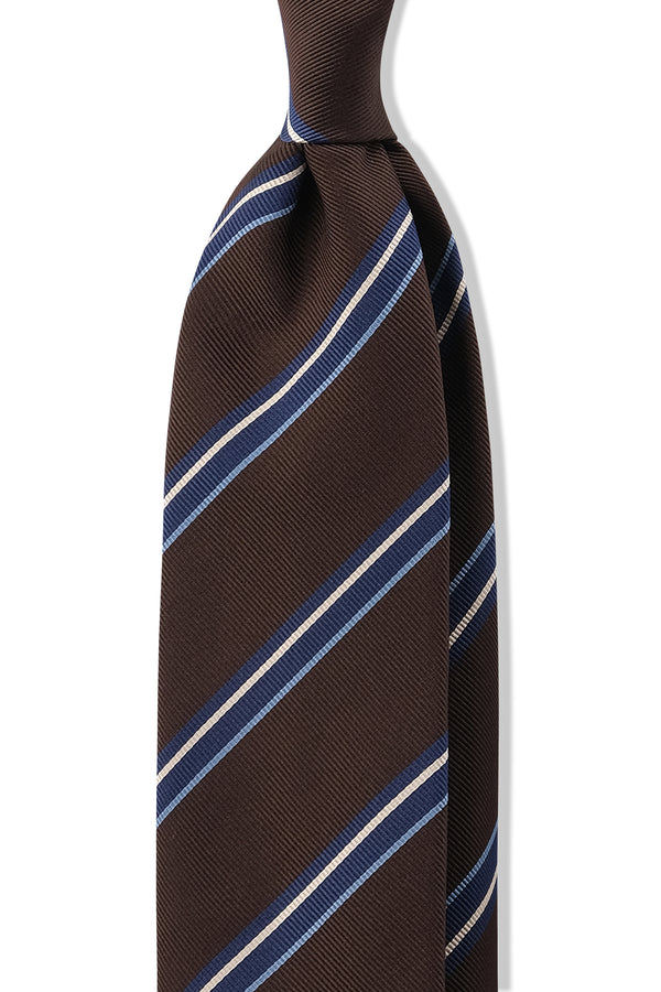 3-Fold Regimental Repp Silk Tie - Brown/Blue/Off White - Brunati Como