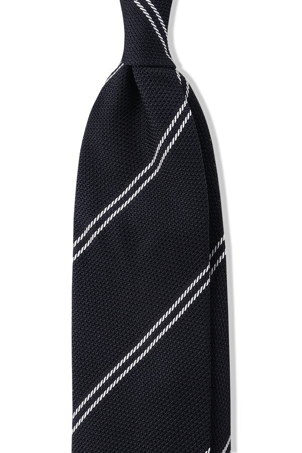 3-Fold Striped Silk Grenadine Tie - Dark Navy/White - Brunati Como