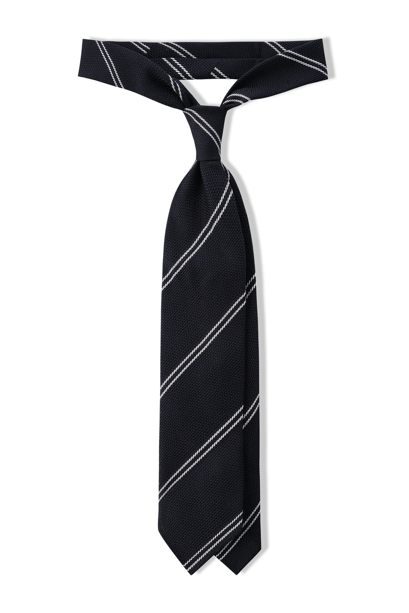 3-Fold Striped Silk Grenadine Tie - Dark Navy/White - Brunati Como