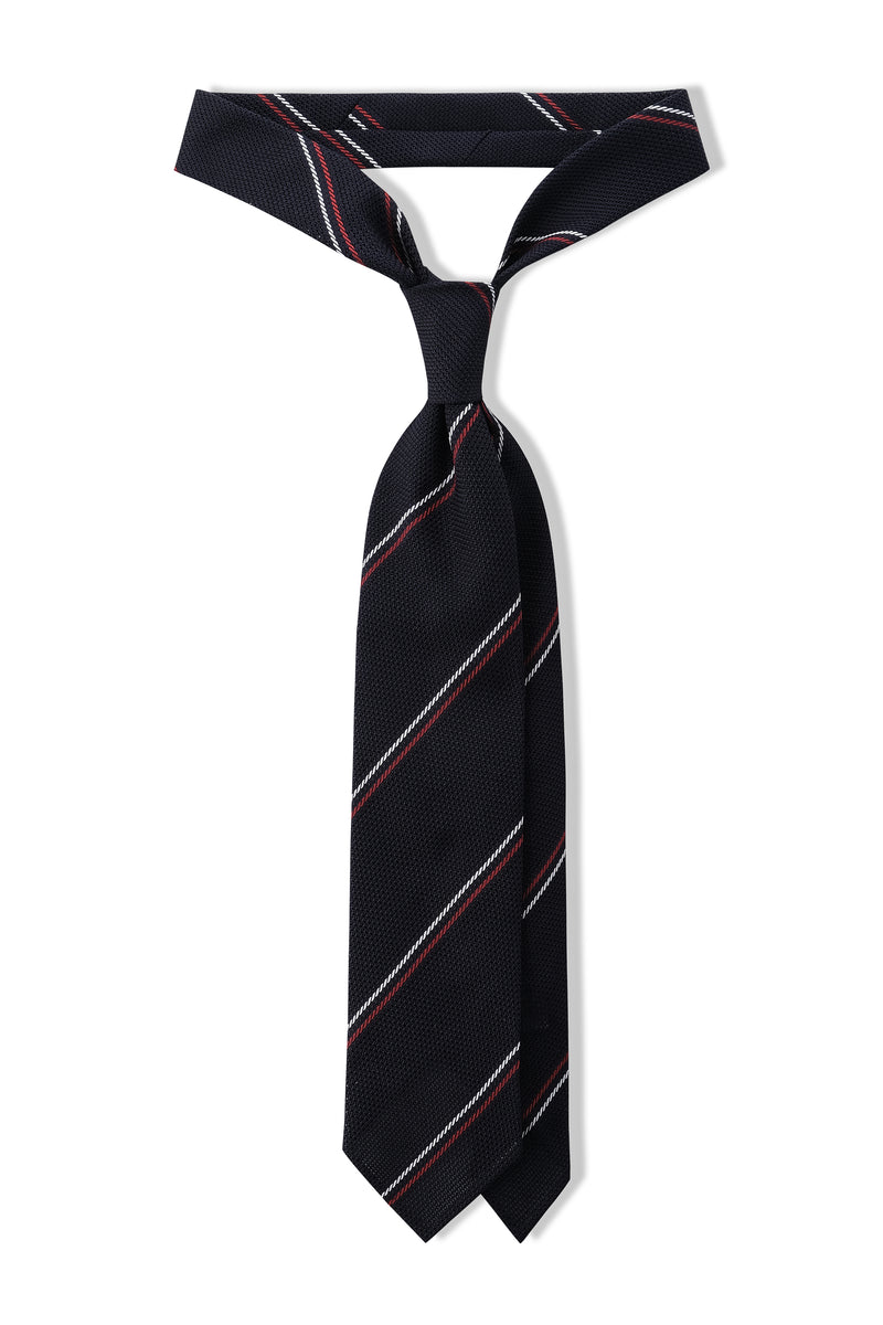 3-Fold Striped Silk Grenadine Tie - Dark Navy/White/Red - Brunati Como